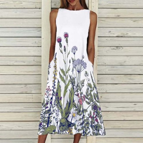 Women's Round Neck Pocket Sleeveless Floral Print Dress