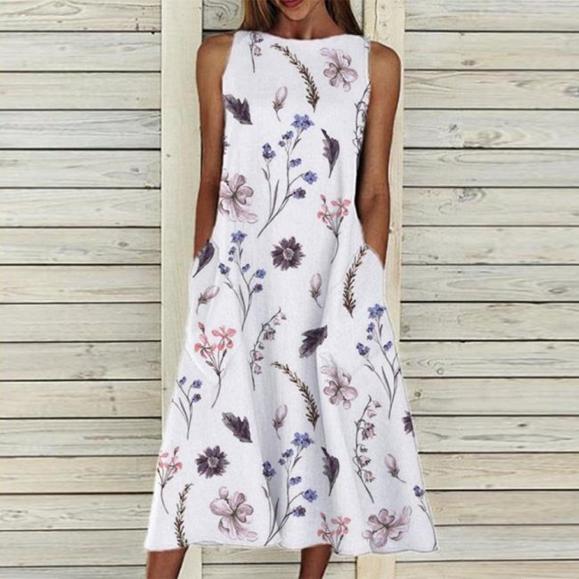 Floral&Leaf Print Casual Sleeveless Round Neck Dress