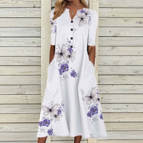 Casual Floral Print V-neck Short Sleeve Dress