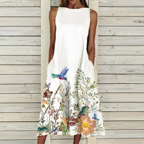 Floral Print Casual Sleeveless Round Neck Spring/Summer Dress