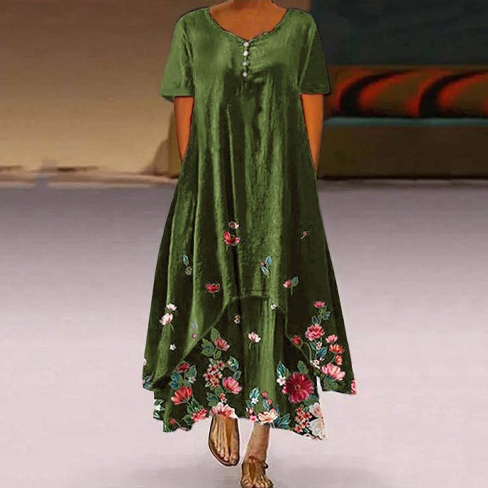 Women's Vintage Floral Print V-Neck Dress
