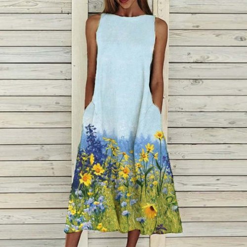 Oil Painting Floral Print Casual Sleeveless Round Neck Dress