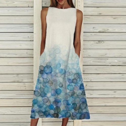 Round Neck Pocket Sleeveless Floral Print Dress
