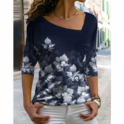 Ladies Floral Leaf Print V-Neck Long Sleeve T-Shirt