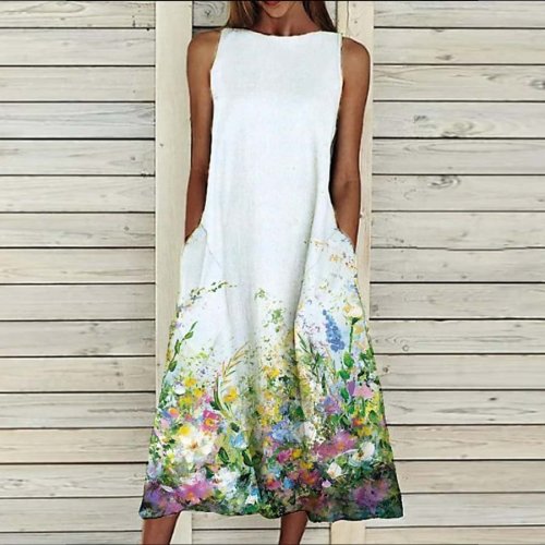 Women's Casual Pocket Floral Print Sleeveless Dress