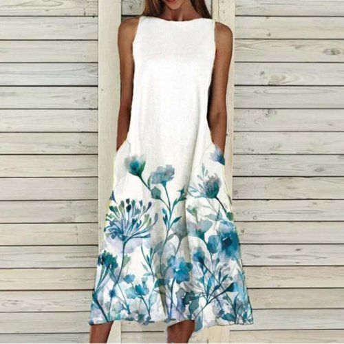 Women's Casual Floral Print Pocket Sleeveless Dress