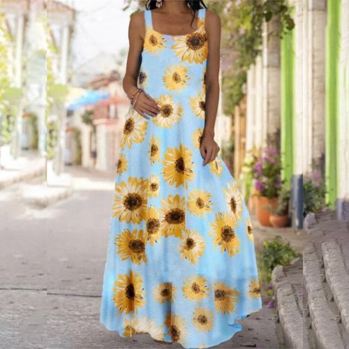 Sunflower Sleeveless Print Dress With Shoulder Straps