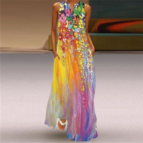 Women's Vintage Print V-Neck Sleeveless Dress