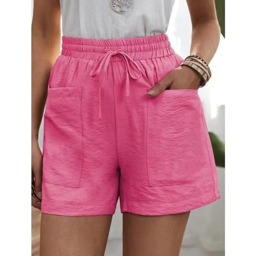 Womens New Solid Color Two Pockets Loose Cotton And Linen Casual Pants Home Short Trousers