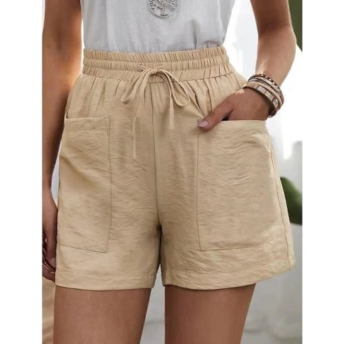 Womens New Solid Color Two Pockets Loose Cotton And Linen Casual Pants Home Short Trousers