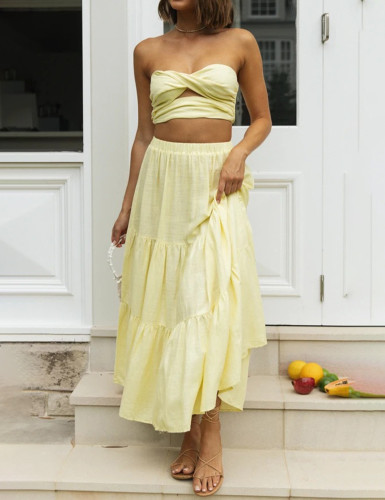 Summer Solid Color Breast - Wrapped Sexy Off-shoulder Two-piece Set