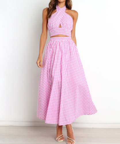 Chic Summer Pink Plaid Two-pieces Set