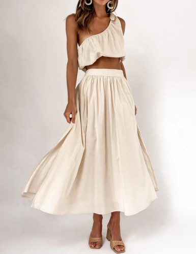 Solid Color One Shoulder Two-piece Dress