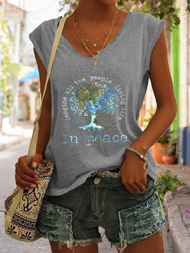 Retro Imagine All The People Living Life In Peace Print T-Shirt