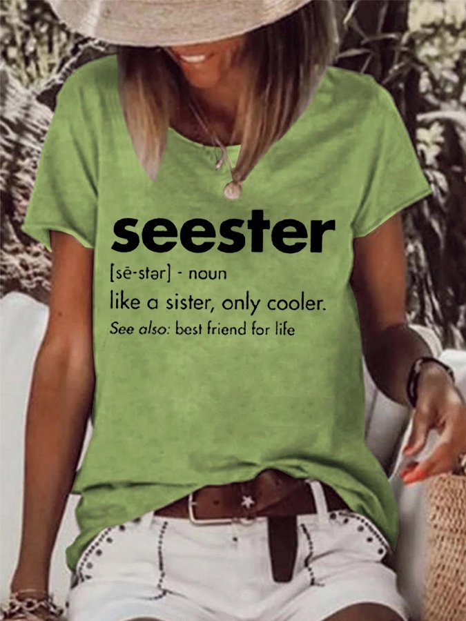 Women's  Seester Letter Printed Loose Round Neck Short Sleeve Tee