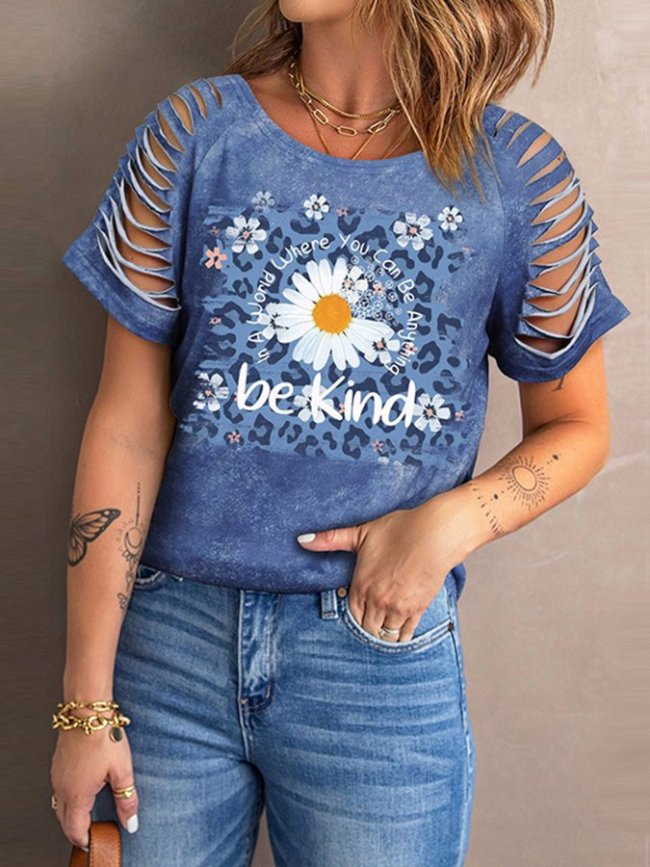 Women's be kind Floral Print Cutout Casual T-Shirt