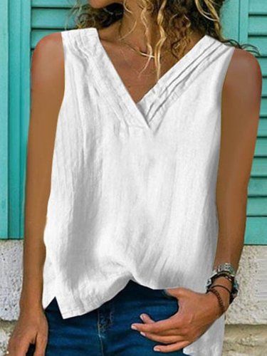 Ladies Cotton Linen V-Neck Hem Bifurcated Sleeveless Shirt