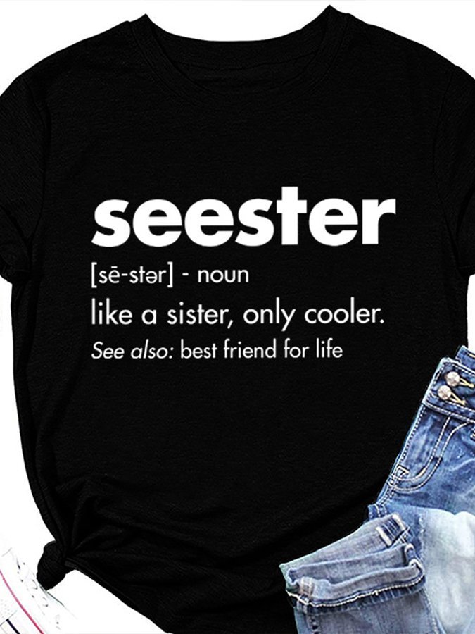 Women‘s Seester Lettered Print Loose Round Neck Short  Tee