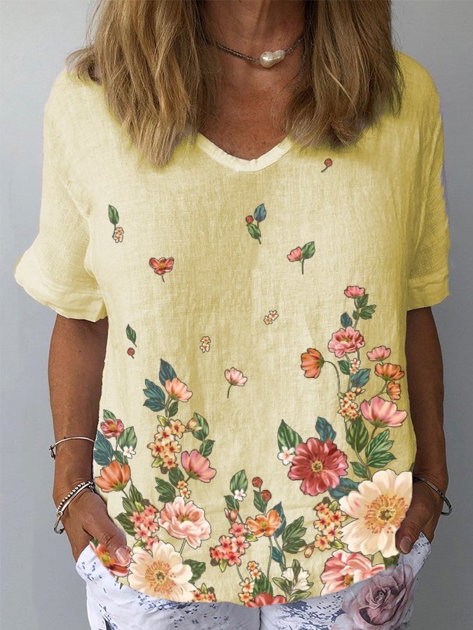 Women's Floral Print Cotton Linen T-Shirt