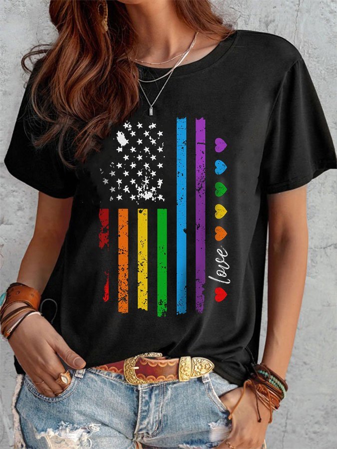 Women's Rainbow Heart Flag Print Crew Neck T-Shirt