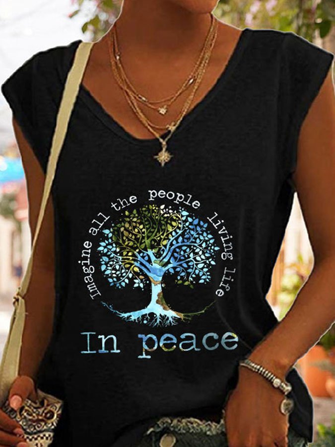 Retro Imagine All The People Living Life In Peace Print T-Shirt