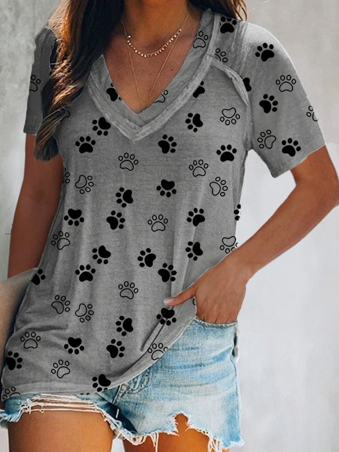 Women's Dog Paw Print V-Neck T-Shirt