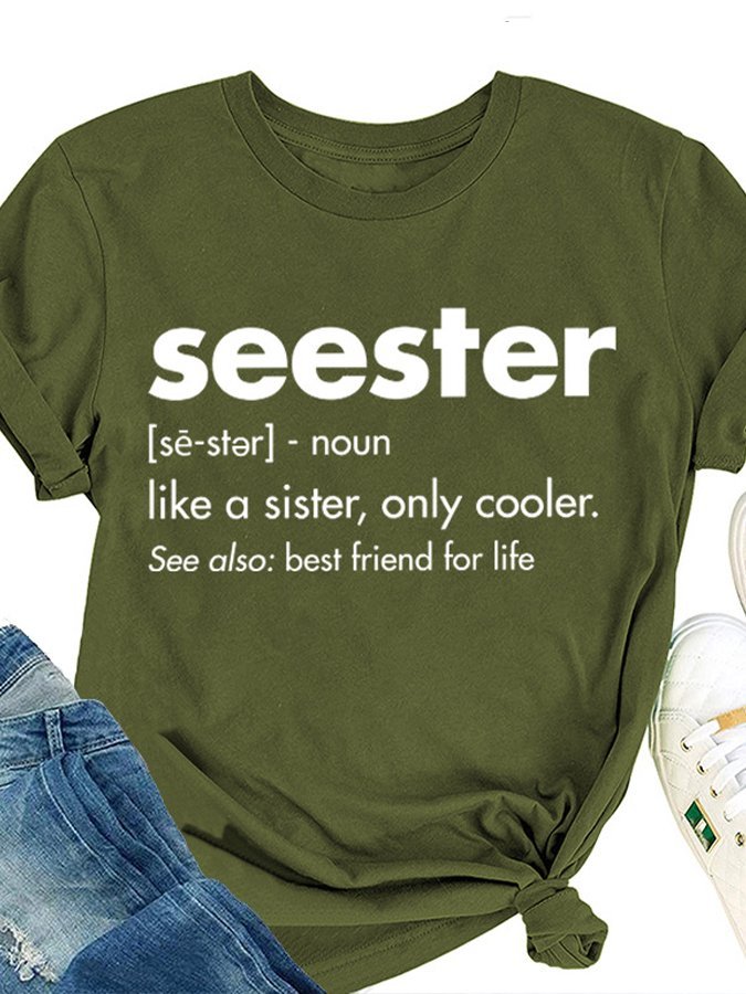Women‘s Seester Lettered Print Loose Round Neck Short  Tee