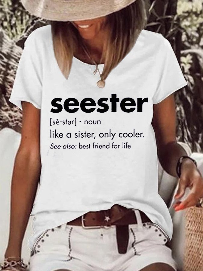 Women's  Seester Letter Printed Loose Round Neck Short Sleeve Tee