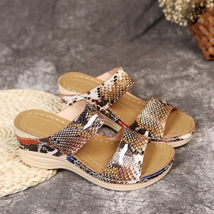 New Leopard Print Leather Wedge Soft Sole Sandals