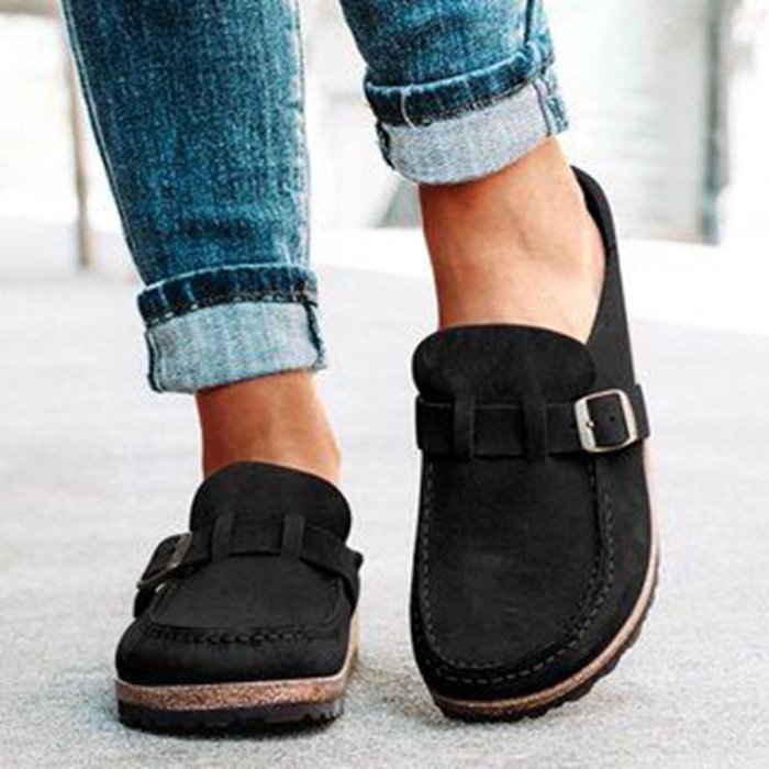 Plus Size Women Casual Comfy Suede Large Round Toe Backless Flats