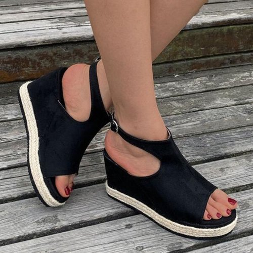 Buckle Solid Color Wedge Heel Platform Sandals