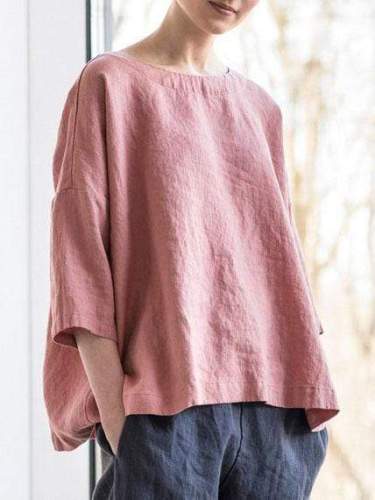 Woman's Plus Size Cotton and Linen Half Sleeve Solid Color Blouse