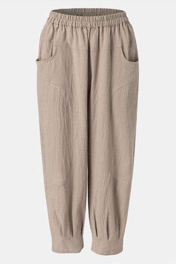 Casual Solid Paneled Side Pockets Elastic Folds Harem Pants
