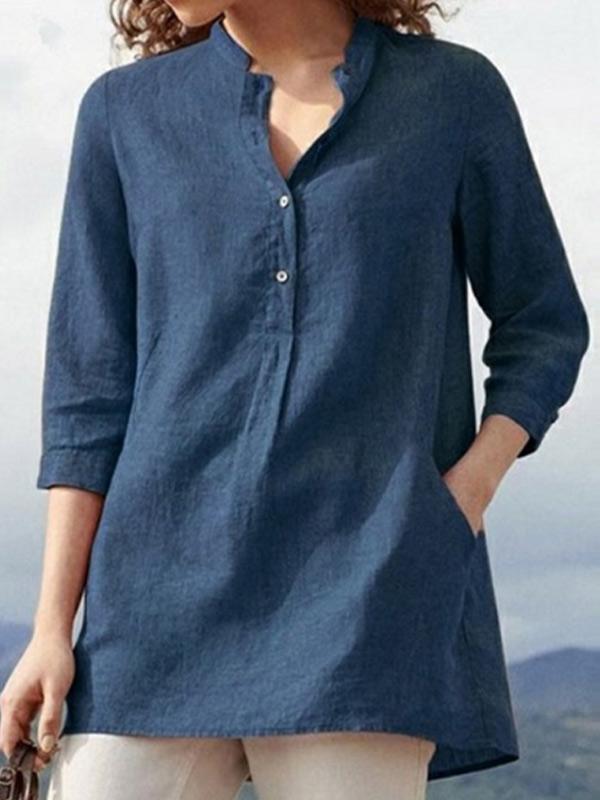 Women's solid color casual stand collar 3/4 sleeves shirt