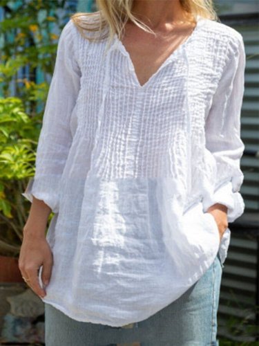 Women's Solid Color Cotton Linen V-Neck Loose Long Sleeve Shirt