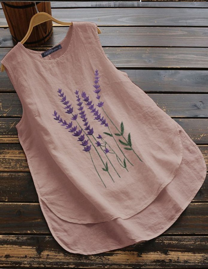 Women's Embroidered Sleeveless Round Neck Cotton Linen T-shirt