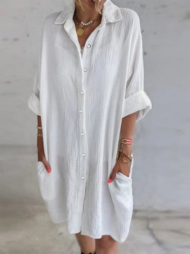 Women's Cotton Linen Solid Pocket Long Sleeve Lapel Button Down Shirt Dress