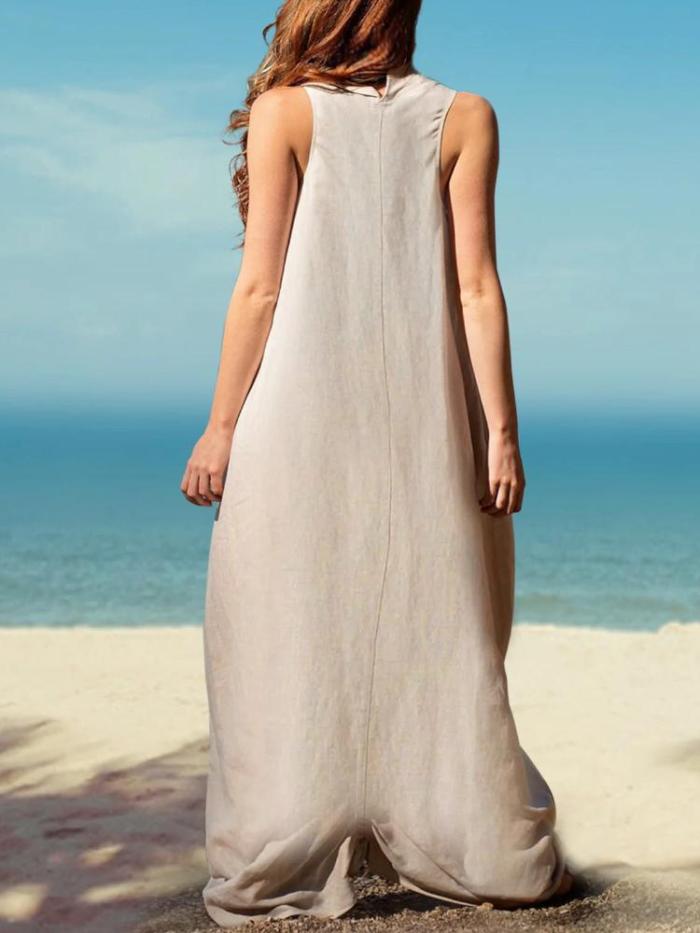 Stand Collar With Back Crinkle Cotton And Linen Maxi Dress