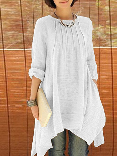 Autumn New Solid Color Long-sleeved Buttoned Plus Size Cotton Linen Dress