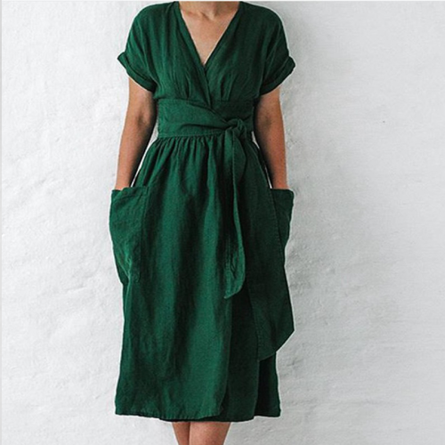 V-neck Short-sleeved Pocket Solid Color Cotton&Linen Dress
