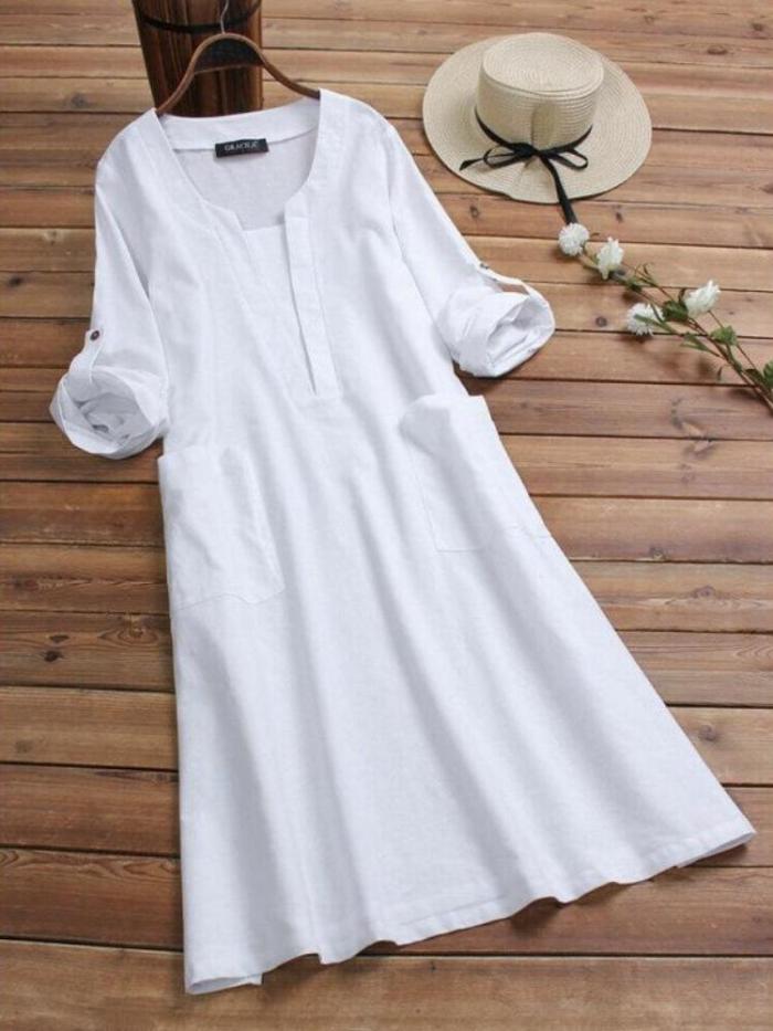 Cotton And Linen Long Sleeve V-Neck Dress