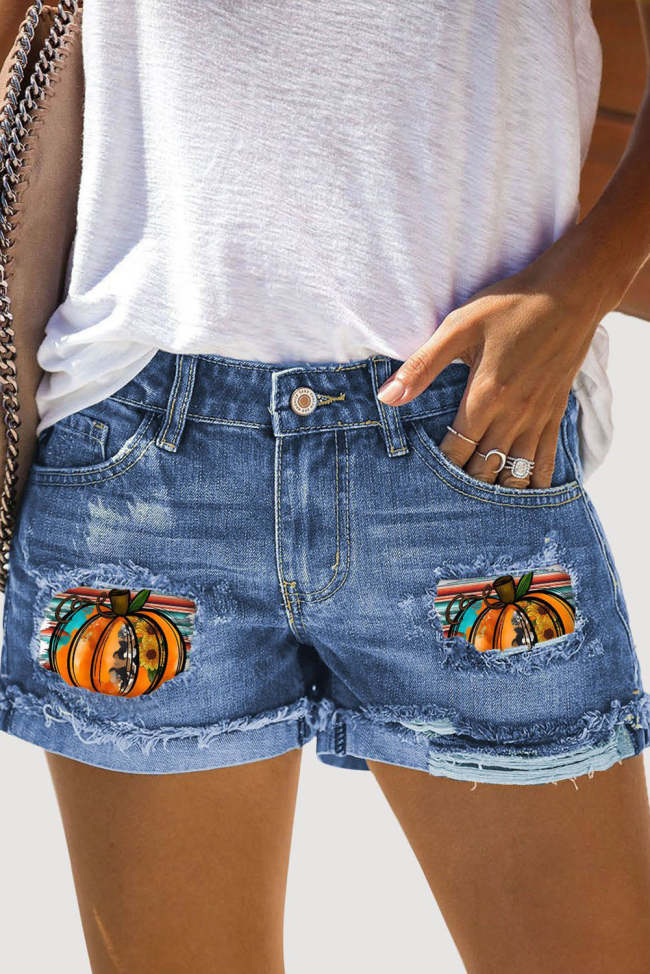 Pumpkin Print Cutout Mid Waist Straight Denim Shorts