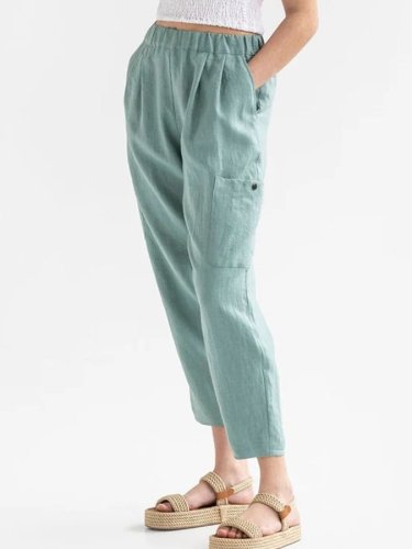 Women's Solid Color Elastic Waist Pocket Cotton Linen Casual Pants