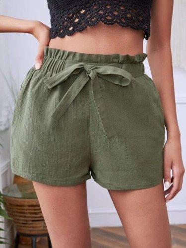 Women's Casual Solid Elastic Waist Lace-Up Shorts
