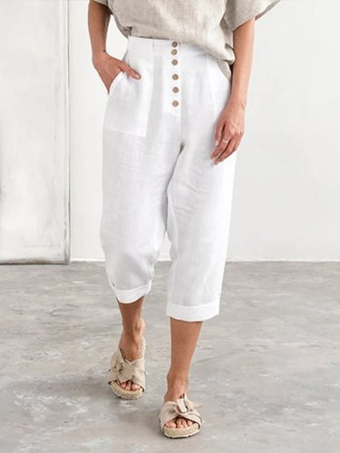 Women's Button Cotton Linen Cropped Pants