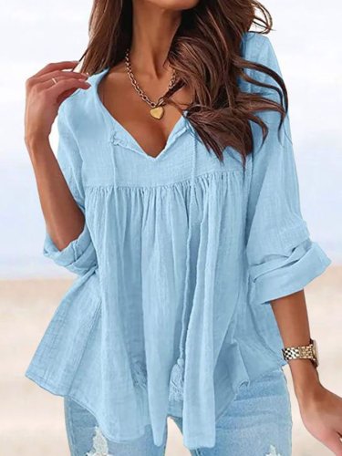 Loose Casual Solid Color V-Neck Long Sleeve Shirt