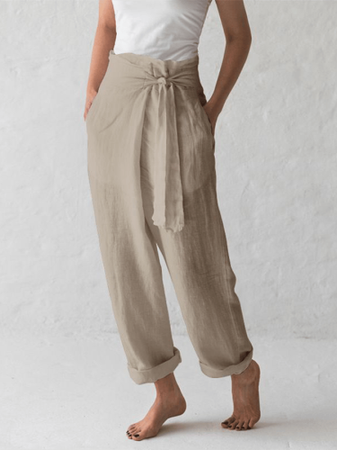 Women's Cotton Linen Solid High Waist Casual Pants