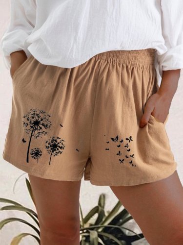 Cotton Linen Dandelion Print Pocket Casual Shorts