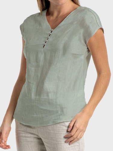 Women's V-Neck Solid Color Button-Up Casual Shirt
