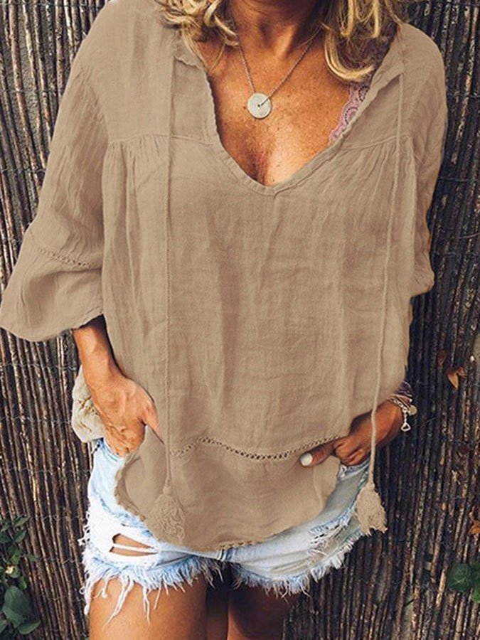 Casual V-Neck Solid Color Top